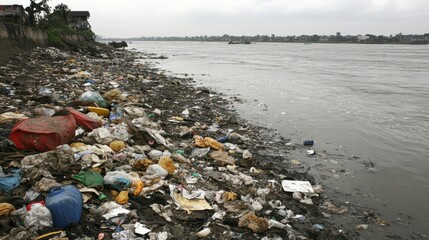 Waste Scattered Along Riverbank Under Overcast Skies