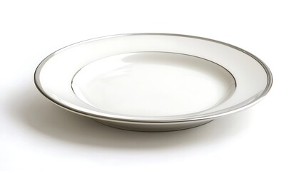 Isolated clean white ceramic plate with a silver rim isolated on solid white background.