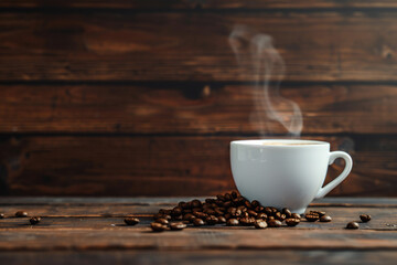 Freshly Brewed Espresso in a Coffee Cup with Creamy Swirl, Surrounded by Roasted Coffee Beans for a Rich Coffee Experience