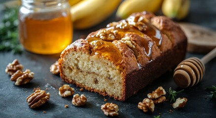 Delicious honey walnut bread with fresh walnuts and honey on a dark surface