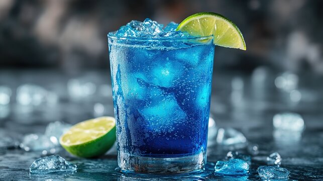 Refreshing blue cocktail with ice and lime in rocks glass.