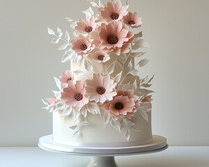 Three-tiered white cake adorned with delicate blush pink sugar flowers. Perfect for weddings.