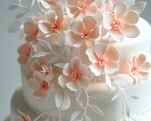 Three-tiered white cake adorned with delicate blush pink sugar flowers. Perfect for weddings.