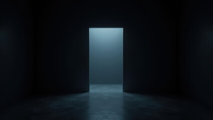 Enigmatic AI-themed dark hallway leading to an open door with blue light beyond.