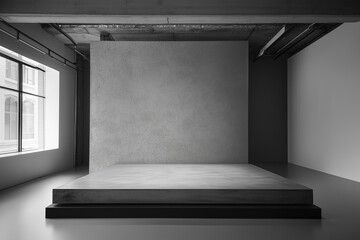 Photo studio with softbox lighting and a gray backdrop, professional photography equipment for product photoshoots. Black and white color theme. The background is a textured concrete wall, providing a
