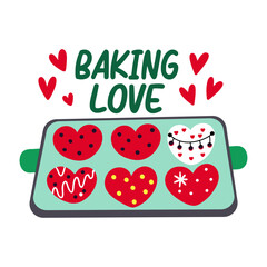 A flat sticker of a cookie tray with baking love typography