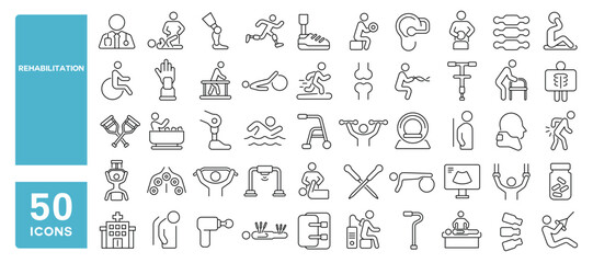 Set of 50 line icons related to rehabilitation, osteopath, disability, chiropractic, therapist, physical, assistance, orthopedic, Editable stroke. Vector illustration