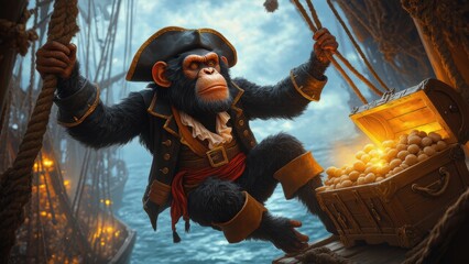 illustration of a cute monkey in pirate clothing