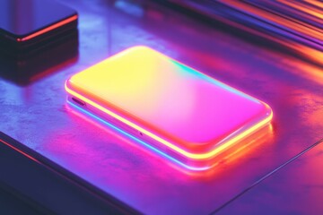 Neon-lit device rests on vibrant surface.