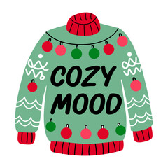 A flat sticker of a sweater with cozy mood typography