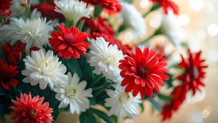 A close-up view of a bouquet featuring vibrant red and white flowers, arranged beautifully with lush green foliage.

