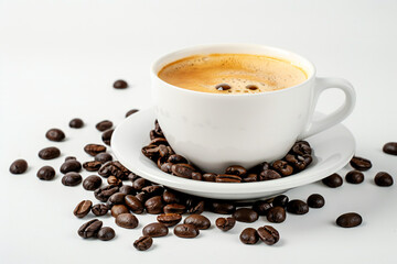 Obraz premium Freshly Brewed Espresso in a Coffee Cup with Creamy Swirl, Surrounded by Roasted Coffee Beans for a Rich Coffee Experience