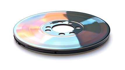 Isolated compact disk with a reflective surface isolated on solid white background.