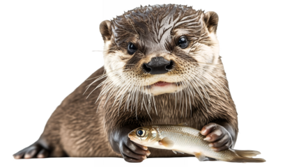 A playful otter holding a small fish isolated on a transparent background, PNG