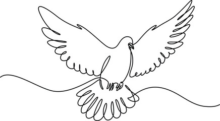 Continuous one line art drawing. Dove bird art. Dove bird fly symbol of peace. Vector illustration isolated. Minimalist design handdrawn.