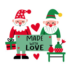 A flat sticker of two dwarfs with made with love typography