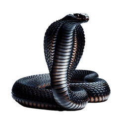 Fototapeta premium Black Cobra Snake with Expanded Hood in Defensive Posture on transparent background
