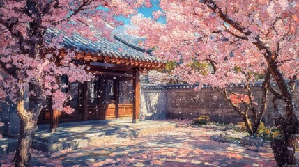 Sakura blossom in the garden with japanese style building background. Cherry blossoms in spring, Japan. Cherry blossoms in full bloom in the spring with generative ai
