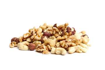 A close-up of a mixed nuts pile including walnuts, hazelnuts, almonds, and cashews on a white background. Perfect for healthy snacks or recipes