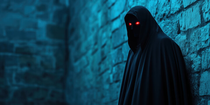 Dark figure in cloak with red glowing eyes. Horror game design