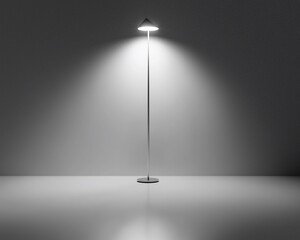 Modern floor lamp illuminating a minimalist room.