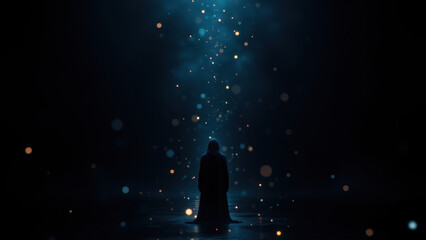 Fototapeta premium Mysterious AI figure surrounded by floating particles against dark backdrop.