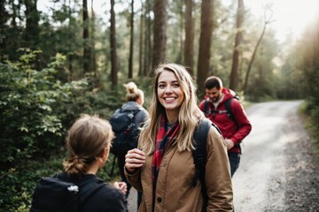Portrait of woman hiking with friends on road in forest
