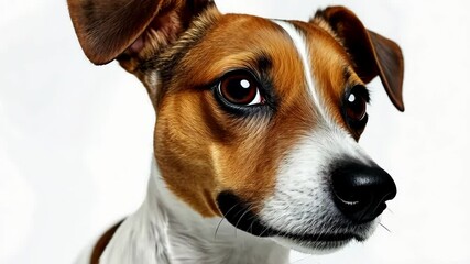 Close-up view of a brown and white dog with expressive eyes showing curiosity and playfulness indoors