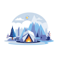 A flat illustration depicting a camping scene with a tent, campfire, and a snowy landscape