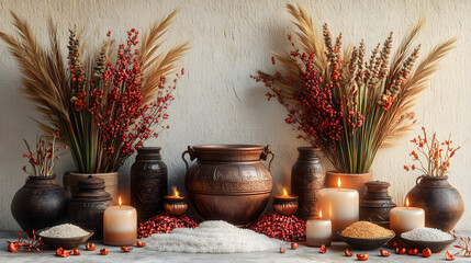 An Elegant and Captivating 3D Product Display Highlighting Pongal Festival Elements Set on a White Background