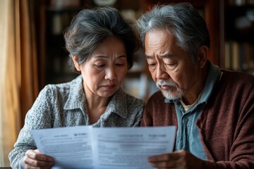 inflation effect, Stressed Asian couple looking at financial debt notice papers from bank, Generative AI