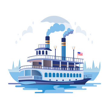 A flat illustration shows a riverboat cruising down a river