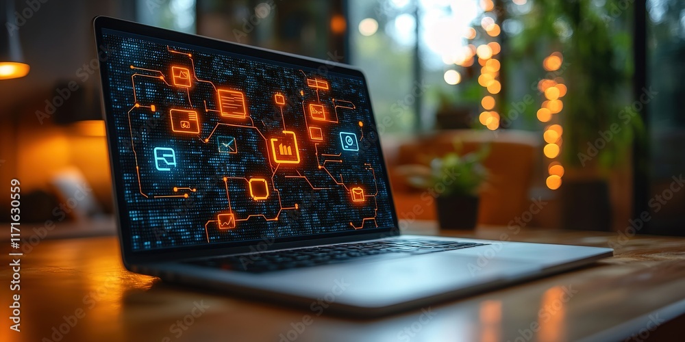 Poster digital technology interface displaying data analytics on a laptop in a modern workspace during even