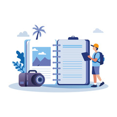 Person with travel journal and camera, flat illustration