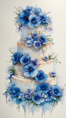 Beautiful blue flower wedding cake with layers decorated and floral accents