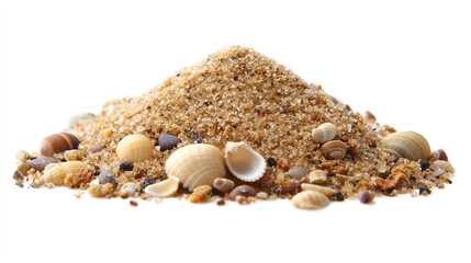 Obraz premium Seashells and Sand: A close-up image of a small pile of beach sand, adorned with a scattering of seashells in various shapes and sizes.