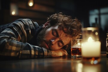 drunk man fall asleep on the table with whiskey glass, Generative AI