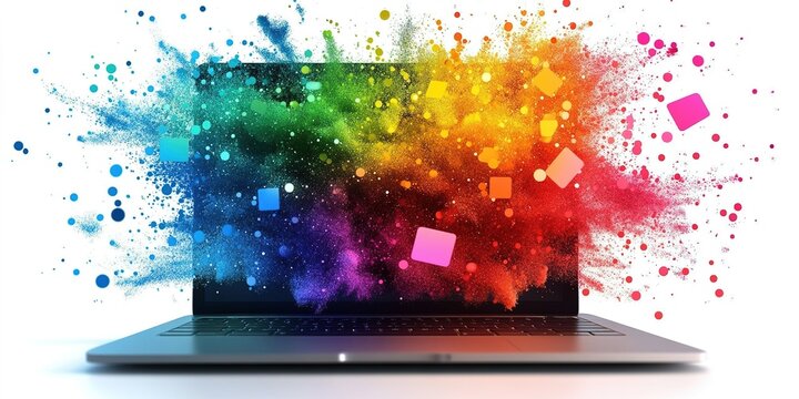 Digital creativity bursting from a laptop with vibrant colors and artistic elements in a modern workspace setting