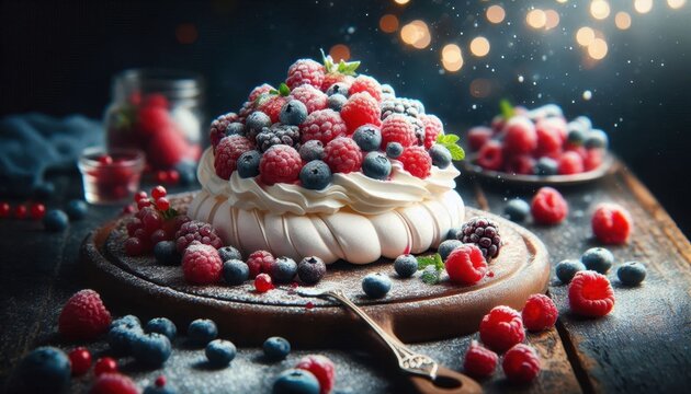 Decadent berry pavlova, Fresh mixed berries, Whipped cream swirls, Rustic wooden table, Soft bokeh background, Moody lighting, Close-up food photography, Vibrant colors, Textured dessert, Gourmet culi