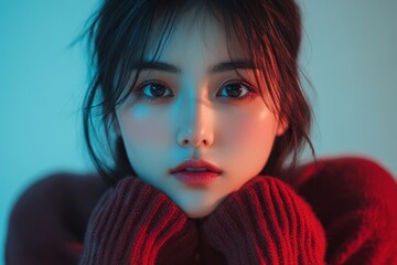 Young adult asian woman have a eyes tired after overworked looking at screen too much, Generative AI