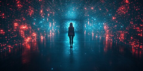 Exploring a futuristic neon-lit corridor filled with mesmerizing lights and colors in an immersive digital environment