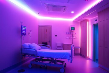Hospital room, purple lighting, empty bed.