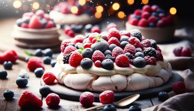 Decadent berry pavlova, Fresh mixed berries, Whipped cream swirls, Rustic wooden table, Soft bokeh background, Moody lighting, Close-up food photography, Vibrant colors, Textured dessert, Gourmet culi