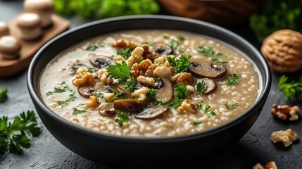 Creamy mushroom and walnut soup in a black bowl, garnished with fresh parsley.