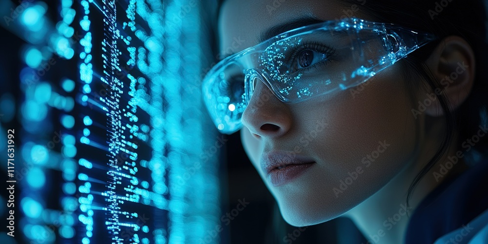 Poster young scientist analyzing data on a glowing digital display in a lab setting during evening hours