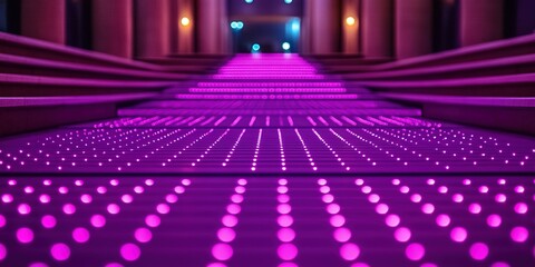 Colorful light display on steps creates an inviting atmosphere for evening events at a modern venue