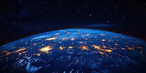 Fototapeta premium Planet Earth illuminated by city lights against a starry night sky from space perspective