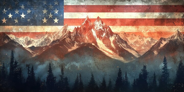 Majestic Mountains Underneath an American Flag