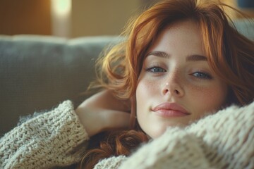 calm young woman relaxing on sofa at home in weekend, Generative AI