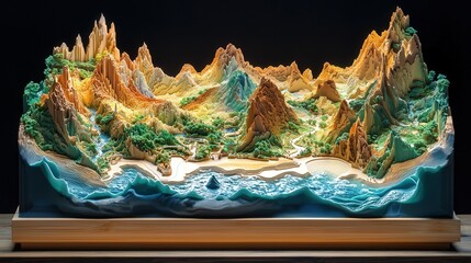 3D Topographic Relief Map on a Black Background with Cinematic Lighting
